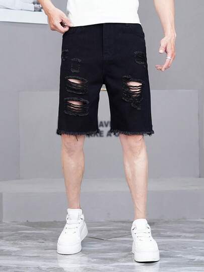 Teenage Boys' Casual Denim Shorts, Versatile Straight-Leg Jeans Shorts With Street Style