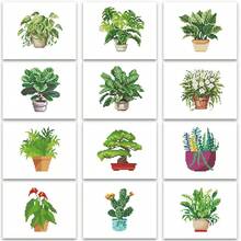 PeakLuv 12pcs Small Diamond Art Kits Small Diamond Painting Kits, Green Plants Mini Diamond Art Kits For Beginners, DIY Square Drill Mini Gem Painting 1-Hour Painting For Home Desktop Decor, 6X7in - 綠植 - 查看 1