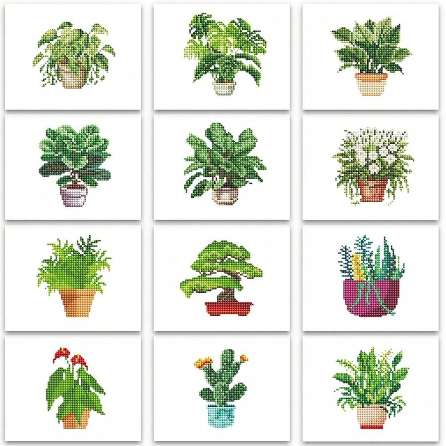 PeakLuv 12pcs Small Diamond Art Kits Small Diamond Painting Kits, Green Plants Mini Diamond Art Kits For Beginners, DIY Square Drill Mini Gem Painting 1-Hour Painting For Home Desktop Decor, 6X7in - 綠植 - 查看 1
