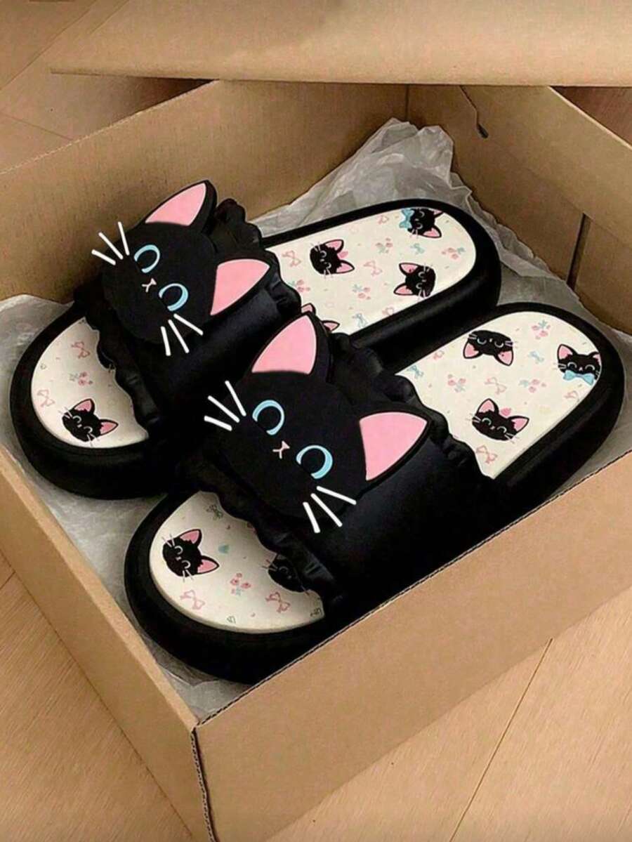 女士卡通黑猫拖鞋，甜美清爽风格，软底休闲拖鞋，室内外皆可穿着，尺码偏小 - 黑色 - 查看 1