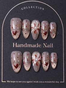 10片/套，手工制作欧式杏仁形美甲贴纸，Y2K红色主题，手绘渐变微闪点，手绘绽放爱心烟花仿珍珠图案美甲装饰。包含1片果冻胶和1个指甲锉。非常适合日常美甲，也适合科切拉音乐节派对造型，是美甲贴纸和指甲护理的理想之选。美甲用品 手工按压式美甲 - 紅色 - 查看 2