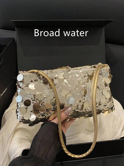 Bolso de hombro con lentejuelas de unicolor elegante y con cuentas, bolso de mano multiusos elegante de unicolor casual