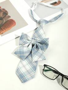 1pc Women's Casual Plaid Striped Bow Tie, Light Blue, Suitable For Dates, Daily Wear, School, Photo Shoots, Travel Outfits