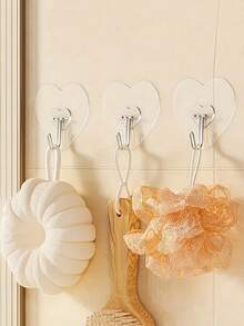 50pcs Strong Adhesive Clear Wall Hooks - Casual Style, Easy To Install, No Drilling Required, Plastic Heart Shaped Utility Hooks For Kitchen And Bathroom, Wall Mounted Storage Organizer Bathroom Organizer Bathroom Decor Fall Decor Back To School - Transparent - View 6
