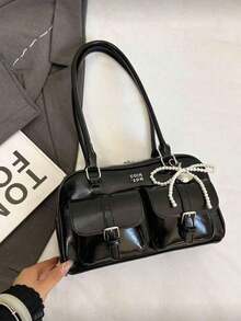 新款韩版荔枝纹褶皱单肩包，女士多功能通勤包，大容量篮式设计，轻盈奢华，时尚复古优雅手提包，精致百搭的腋下包。高端时尚单肩包/手提包，小众法式设计 - 黑色 - 查看 6