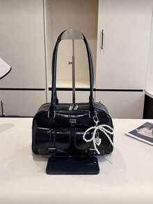 新款韩版荔枝纹褶皱单肩包，女士多功能通勤包，大容量篮式设计，轻盈奢华，时尚复古优雅手提包，精致百搭的腋下包。高端时尚单肩包/手提包，小众法式设计 - 黑色 - 查看 5