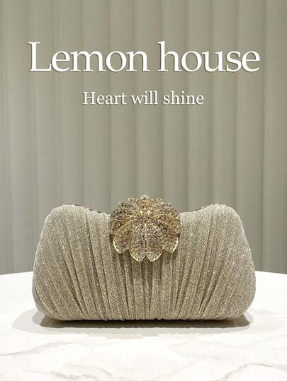 1pc Champagne Elegant Glittery Ruffle Evening Clutch Bag, Fashionable & Sophisticated Women's Handbag Suitable For Formal Gowns, Weddings, Parties, Galas And Other Formal Occasions