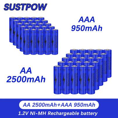 SUSTPOW AA/AAA 镍氢 (NiMH) 可充电电池，适用于玩具/遥控器/相机/剃须刀等，循环耐用，多节组合装，家庭办公室必备。