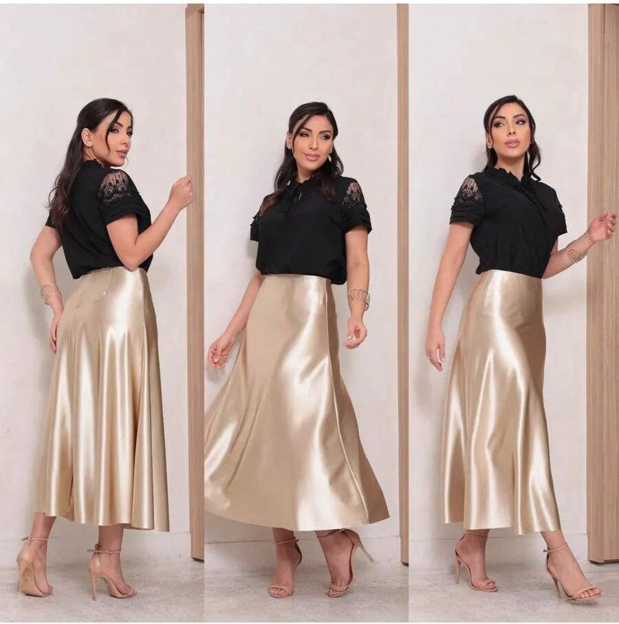 Women's Skirt, Formal Skirt, A-Line Satin Midi Skirt, Elegant Skirt, Stylish, Asymmetrical. - 米色 - 查看 1