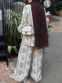 Women's Spring/Summer New Elegant Fashion Casual Floral & Plant Digital Print Loose Long Sleeve Shirt Collar Dropped Shoulder Shirt, Pleated Waist Wide Leg Long Pants Two Pieces Set - Floral & Plant Digital Print Pattern, Shirt Collar, Front Button, Loose Long Sleeve Shirt, Pleated Waist, Loose Wide Leg Pants, Thin Two Pieces Set, Suitable For Casual Outings, Ramadan Eid, Valentine's Day, Vacation, Beach, Commuting, Daily Wear - Multicolor - View 3