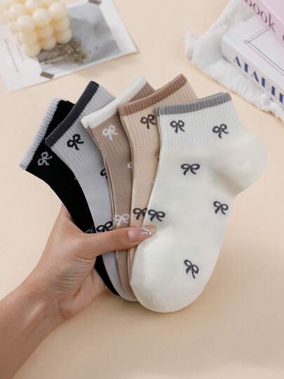 5 Packs Women's Low-Cut Socks - Bow Accent Ballet-Inspired Coffee Tones Lightweight & Breatheable Casual Versatile For Spring Summer