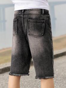 青少年男生休闲校园时尚直筒牛仔短裤，百搭街头服饰 - 黑色 - 查看 7