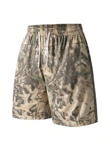 Pantalones cortos con cordón en la cintura y estampado tropical para hombres - Caqui - Ver 5