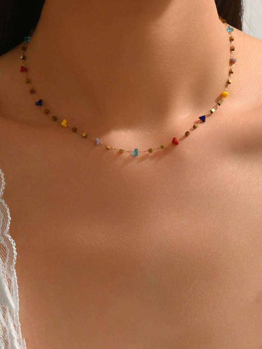 1pc Irregular Emerald Colourful Crystal Stone Stainless Steel Necklace Women's Fashionable Elegant Necklace, Lightweight Waterproof Versatile Choker Necklace For Daily Wear, Party, Date, And Vacation - Gold - View 1