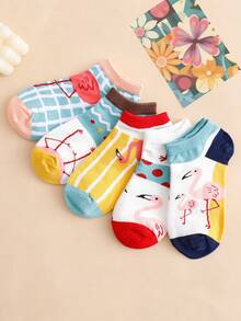 10双装女士彩色水果图案火烈鸟卡通可爱日常百搭短袜，春夏款 - 彩色 - 查看 4