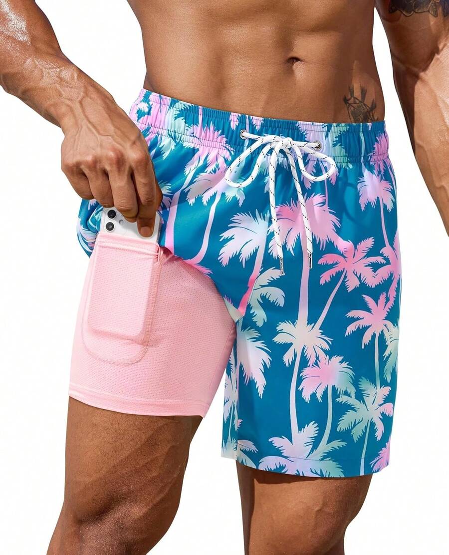 7inch Mens Swim Trunks: With Compression Liner Zipper Pocket Drawstring Quick Dry Stretch Lined Tree Beach PoolA Valentine's Day EEC3 - Cây dừa chuyển màu - Xem 1