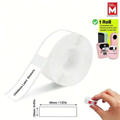 1 Cuộn Giấy Nhãn Nhiệt Màu Trắng Marklife, Chữ Đen trên Nền Trắng, Chống Nước, Chống Dầu, Chống Rách, Chống Mài Mòn, Kích thước: 12x40mm (0.47"X1.57"), 180 nhãn mỗi cuộn, Tương thích với máy in nhãn Marklife D30/M110/M220/M1/P50/P15, Thích hợp cho việc sắp xếp nhà cửa và nhiều mục đích in nhiệt khác.