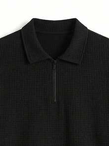 Retro Men's Waffle Plaid 2-Piece Set: Black Half-Zip Polo Shirt Paired With Casual Shorts, Minimalist Everyday Outfit - Black - View 6