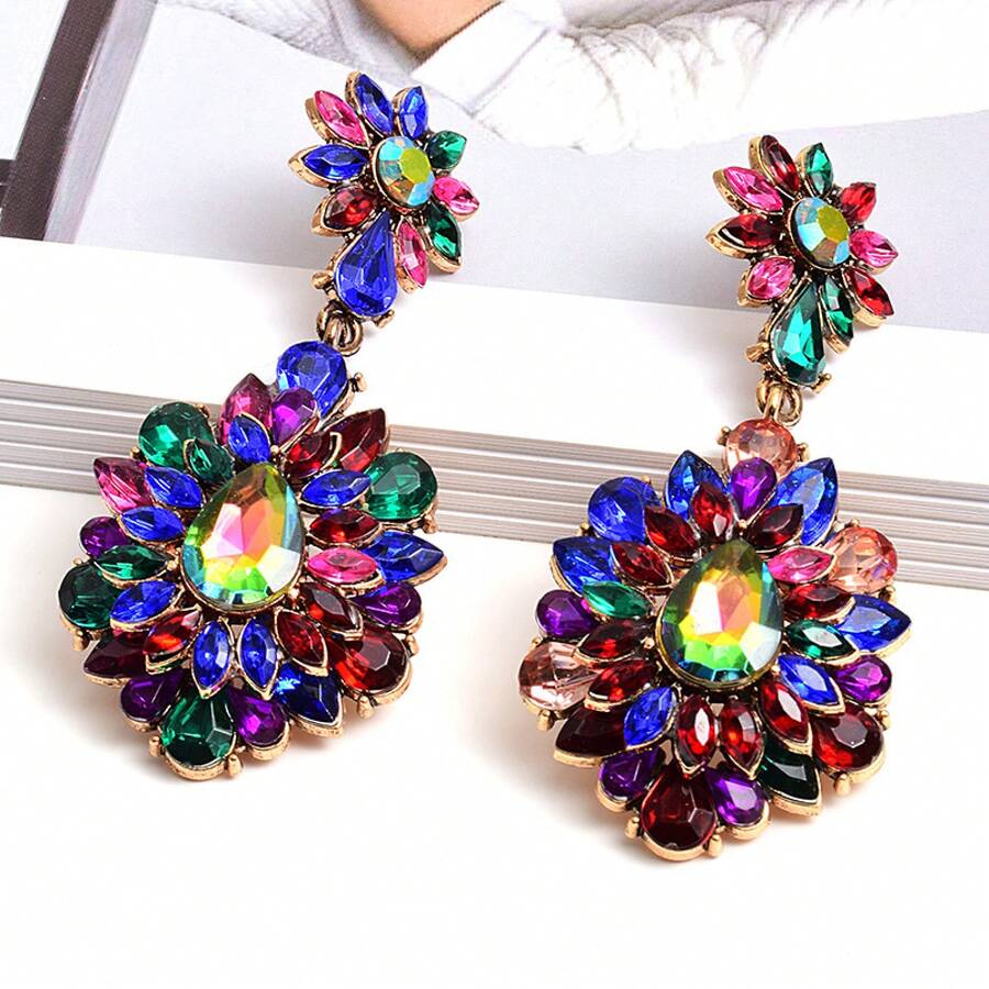 2PCS Vintage Luxurious Elegant Colorful Flower High-End Women's Earrings Suitable For Women's Parties, Banquets, And Festivals - Black - View 1