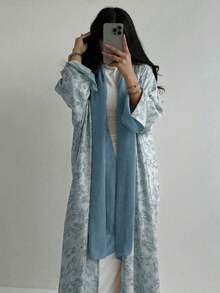 一件女士优雅时尚套装，长裙，优雅开衫，撞色印花长袍，开衩袖长袍，阿拉伯长袍 - 藍色 - 查看 2