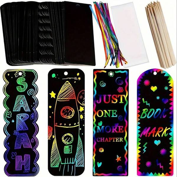 24/48pcs Magic Colorful Scratch Bookmark Making Kit, DIY Rainbow Scratch Paper Bookmarks With Scraping Tools And Ribbons, Suitable For Kids, Students, Party Favors, Classroom Activities
