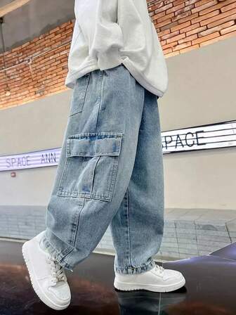 Boys' Fashion Jeans, 2025 Autumn New Casual Cargo Denim Pants