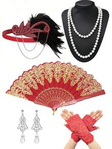 5Pcs D EXCEED 20s-50s Tea Party Ball Costume Accessories Set, Flapper Headband, Vintage Earrings, Faux Pearl Necklace, Hand Fan, Lace Gloves - For Opera,1920s Party Tea Party Cosplay Weddings Church Stage Performance Decorations Friendship Gifts - Multicolor - View 3