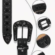 Men's Rhinestone Leather Belt, Women's Fashion Western Cowgirl Punk Rhinestone Decor Leather Belt With Rhinestone Design, For Jeans, Street, Sexy Party, Retro, PU Leather Summer, School Fall, Autumn, Halloween - 黑色 - 查看 6