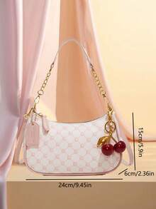 New Fashion Classic Pink Star Style Versatile PU Waterproof Material Letter Decor Design, Solid Color Crescent Shoulder Bag, Chain Shoulder Underarm Bag, Cherry Pendant Decor Women Wallet, Elegant Business Commute Bag, Lightweight, Ample Storage Space, Suitable For Shopping, Gatherings And Other Occasions, Can Be Worn Crossbody. , Pink
