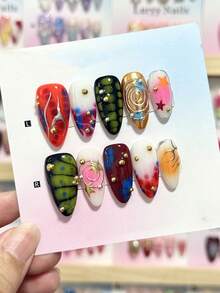 Ten-Piece Gothic Punk Handmade Nail Art, Colorful Styles, Handmade False Nails, Luxurious And High-End Style, Medium Almond-Shaped Press-On False Nails, Spring False Nails, Reusable False Nails, A Gift For Women, Nail Art, Suitable For Girls Or Ladies To Wear To Parties Or Everyday Wear. Nail Supplies Handmade Press On Nails - Multicolor - View 10