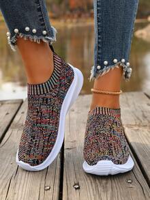 女士针织弹力套脚休闲运动鞋，简约百搭轻便舒适软底袜套鞋，网眼透气防滑跑步鞋 - 彩色 - 查看 4