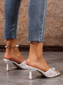 Perlenblumen-Dekor Offene Zehe High Heel Sandalen, atmungsaktive minimalistische Stilettoabsätze, vielseitige Damen Sommer Kleid Sandalen - Weiss - Übersicht 6