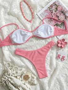 2pcs/Set Women's Fashionable High Elasticity Striped Special Fabric Swimwear, Summer - Pink - View 2