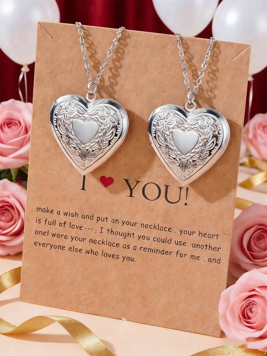 2pcs Multi-Color Fashionable Stainless Steel Openable Heart-Shaped Photo Locket Necklaces, Suitable For Women's Daily Wear - Silver - View 1