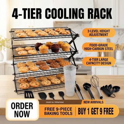 4-Tier Expandable Cooling Rack Comes With 9 Baking Tools Including A Spatula And A Pastry Brush. Suitable For Making Cookies, Cakes, Baking And Cooking. Stackable And Easy To Store. Perfect As A Cooling Rack For Cooking And Baking, A Set Of Baking Tools, Or An Excellent Gift Choice.