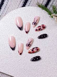 10 Pieces Handmade Almond-Shaped False Nails With Amber Smudge, Brown French Tips, Polka Dots And Bows. Features Hand-Painted Amber Smudge And Brown Bows, Along With Handcrafted Brown French Tips And White Polka Dots. These Elegant, Romantic And Minimalist Press-On Nails Boast A High-End, Sexy And Light-Luxury Style. Perfect For Daily Wear, Dates, Concerts And Light Business Occasions, They Make An Excellent Gift For Women And Girls. - Multicolor - View 6