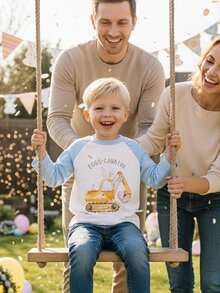 Kid Boy Easter T-Shirt Letter Excavator Rabbit Ear Print Long Sleeve Round Neck Tops - Blue - View 1