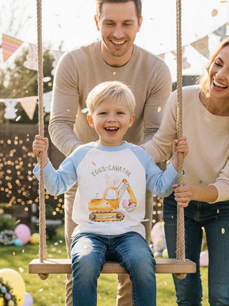 Kid Boy Easter T-Shirt Letter Excavator Rabbit Ear Print Long Sleeve Round Neck Tops - Blue - View 1
