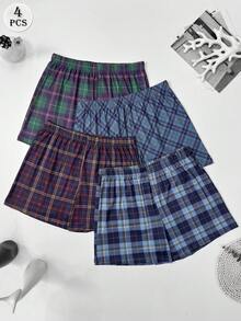 4pcs Men's Plaid Pajama Pants, Loose Comfortable Boxer Briefs With Elastic Waistband - Blue - View 1