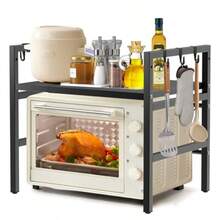 レンジ上ラック 伸縮式 幅40-65cm 高さ調整可能 耐荷重ラック 滑り止めマットandフック6個付き キッチン収納ラック トースターラック 調味料棚 電子レンジ/炊飯器置き台/食洗機対応 省スペース設計 強化M型バー ブラック - 小さい - チェックする 7