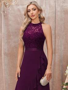 MIUSOL Floral Lace Patchwork Ruffle Neck Elegant Evening Maxi Dress Wedding Spring Party - Maroon - View 8
