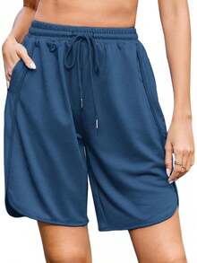 Quenteen Women's Sweat Shorts Bermuda Long Shorts Athletic Casual Loose Cotton Shorts (Available In Plus Size)A Valentine's Day 46QM - 9吋深藍色 - 查看 8
