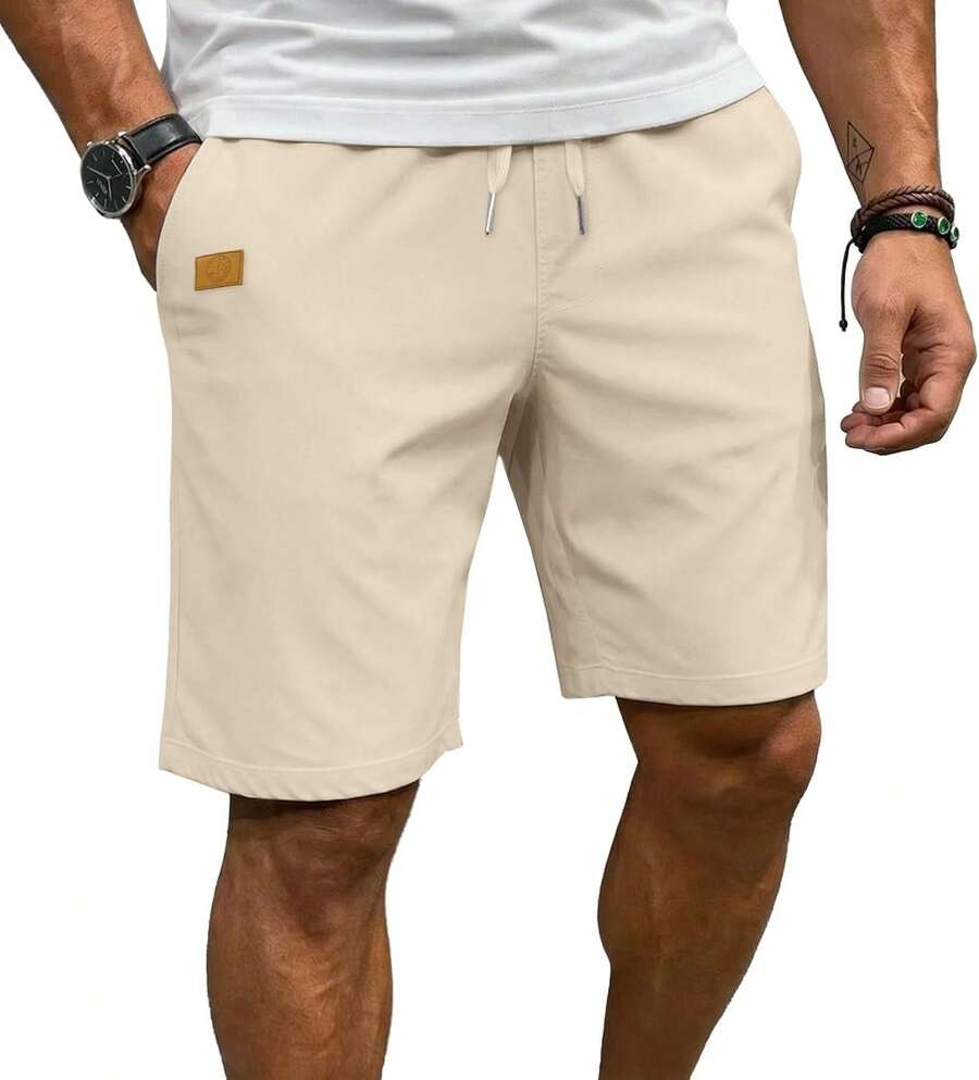 Men's Casual Shorts Elastic Waist Drawstring Summer Twill ShortA Valentine's Day 14WU - Beige - View 1