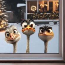 1pc Funny Big-Eyed Ostrich Window Sticker, Self-Adhesive Translucent Door/Window Decor, Whimsical Winter Animal Scene Sticker - Multicolor - View 2