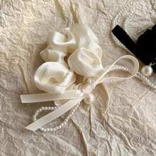 Pearl Bow Ribbon Hair Scrunchies, Versatile Solid Color Princess Style Hair Ties, French High Elasticity Small Intestine Circle Hair Bands ,Ponytail Holders ,Hair Elastics ,Hair Rubber Bands ,Hair Rope , - Multicolor - View 3