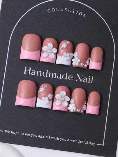 10pcs/Set Handcrafted Short Style European Square-Shaped Shoe Pieces Y2K Pink French Style & 3D Hand Carved Patterns & Hand Painted Floral Designs For Nail Decoration. 1 Set Of Jelly Gel And 1 Set Of Nail Files, Perfect For Daily Use As Well As For Costumes At Coachella Music Festival, Press On Nails And Nail Care Products. Nail Supplies