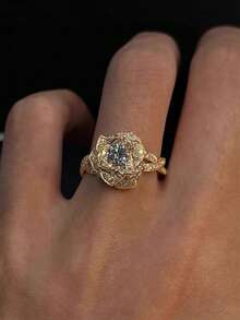 1pc Luxury 3D Rose Zirconia Stone Vintage Floral Design Copper Ring, Suitable For Evening Party, Wedding, Vacation