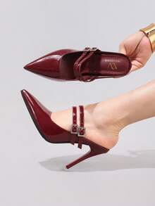 时尚穆勒高跟鞋，性感尖头超高跟派对鞋，细跟酒红色女士套脚凉鞋 - 酒紅色 - 查看 5