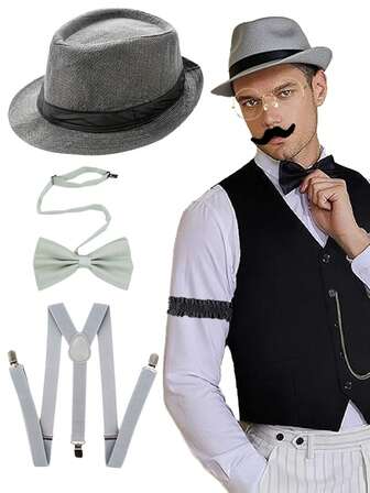 3 st D EXCEED 1920-tals Gatsby-kostymaccessoarer för män, Manhattan Fedora-hatt, fluga, Y-rygg-hängslen - För vardagskläder, formella tillfällen, dansföreställningar, gangster-cosplay-kostymer