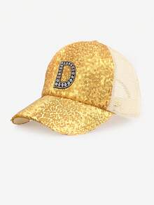 1pc Adult Gold Faux Crystal Rhinestone Letter Decor Trucker Hat, 26 Letters Available, Fashionable Breathable Lightweight Sun Visor Mesh Cap, Suitable For Men & Women, Spring/Summer Daily Commute, Outdoor Hiking, Camping, Gift - Gold - View 18